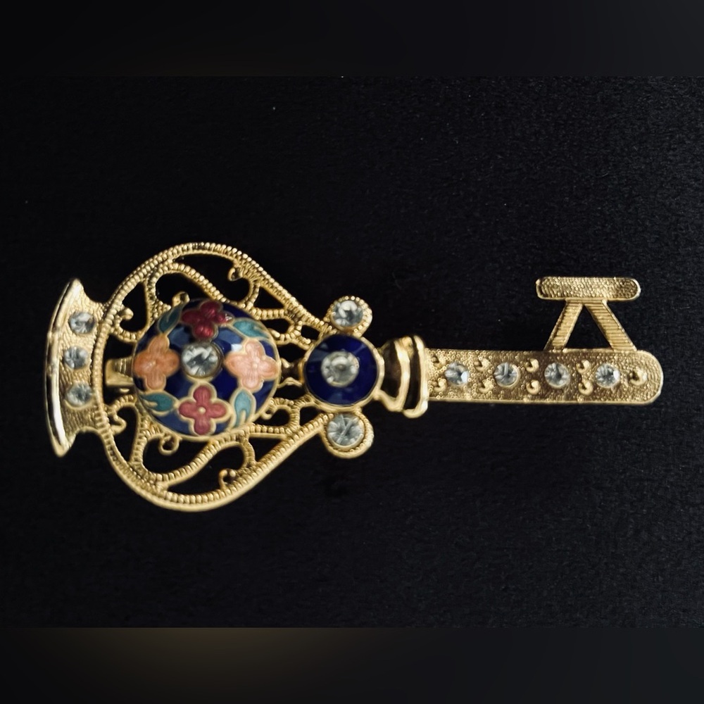 #65 Cloisonné Key Brooch Pin with Rhinestones